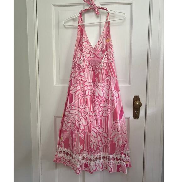 Lilly Pulitzer Women's 8 Midi Dress Pink Flamingo Print Halter Neck White Lace - Picture 2 of 15